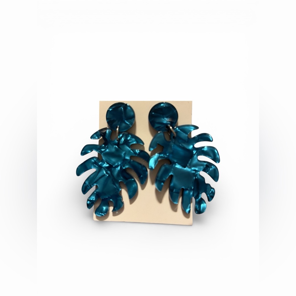 Boho Earrings- Dangling Blue Acrylic Leaf